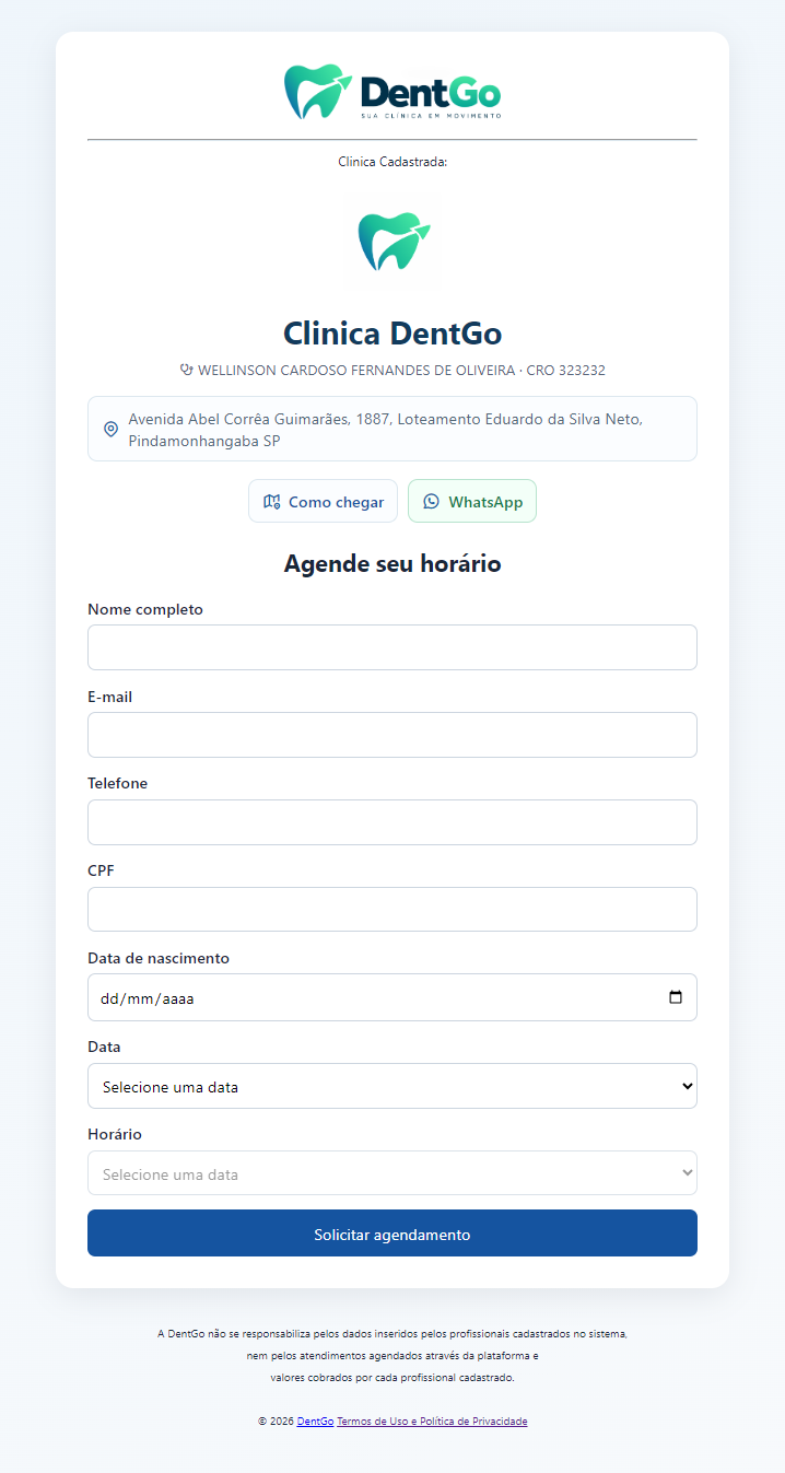 Página pública de agendamento personalizada do DentGo - Sua clinica em movimento, vista pelo paciente